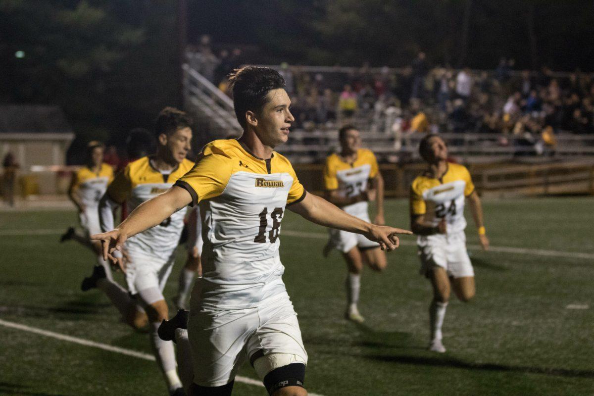 Jay Vandermark celebrates a goal against Rutger-Newark. Photo/ Rowan Athletics.