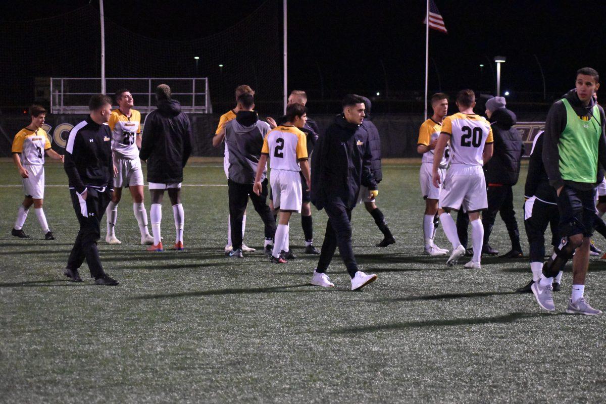 The men's soccer team in a game against Rutgers-Newark earlier this year. Photo/ Multimedia Editor Christian Browne. 