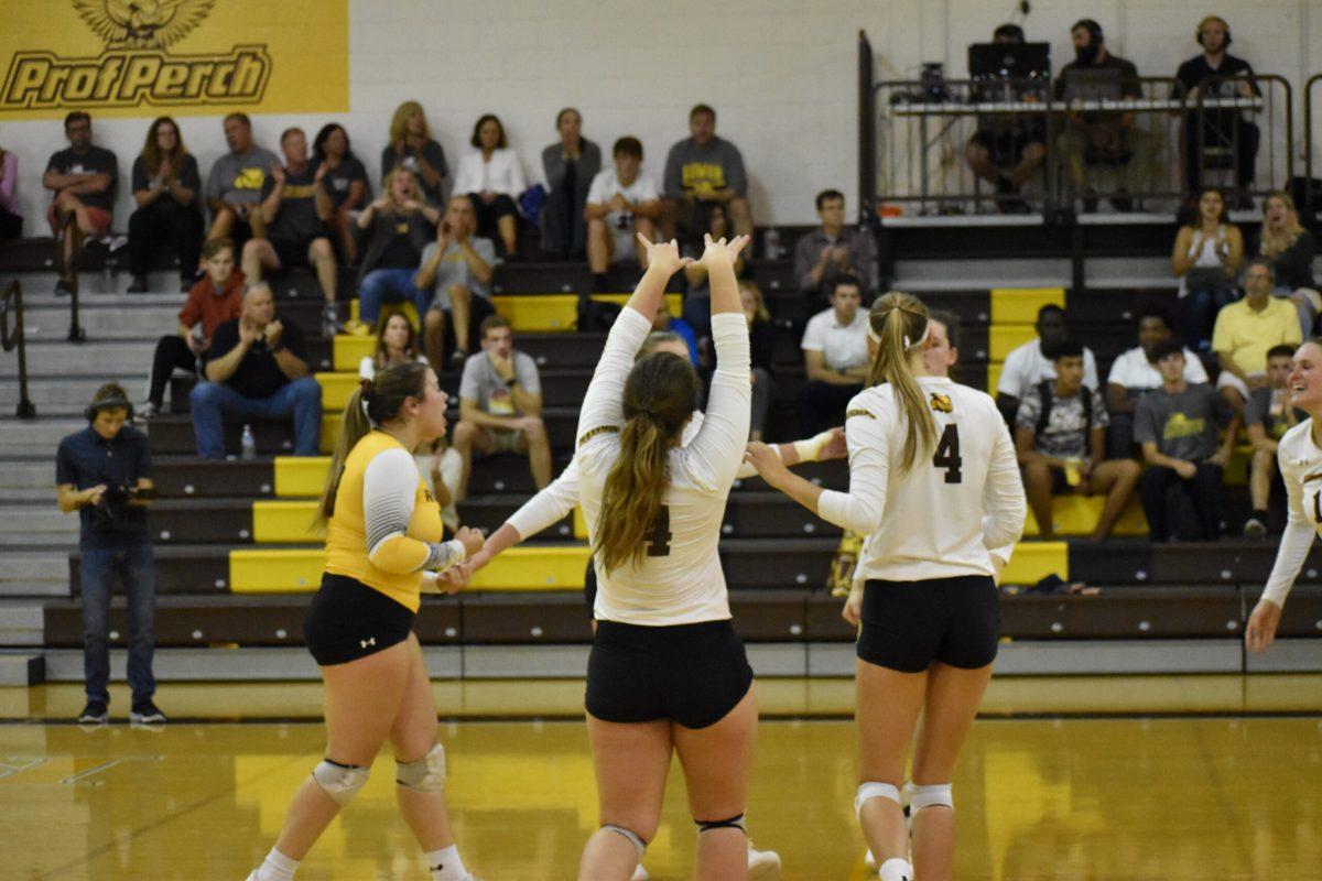 The volleyball team celebrating in a game earlier this year. Photo / Multimedia Editor Christian A Browne