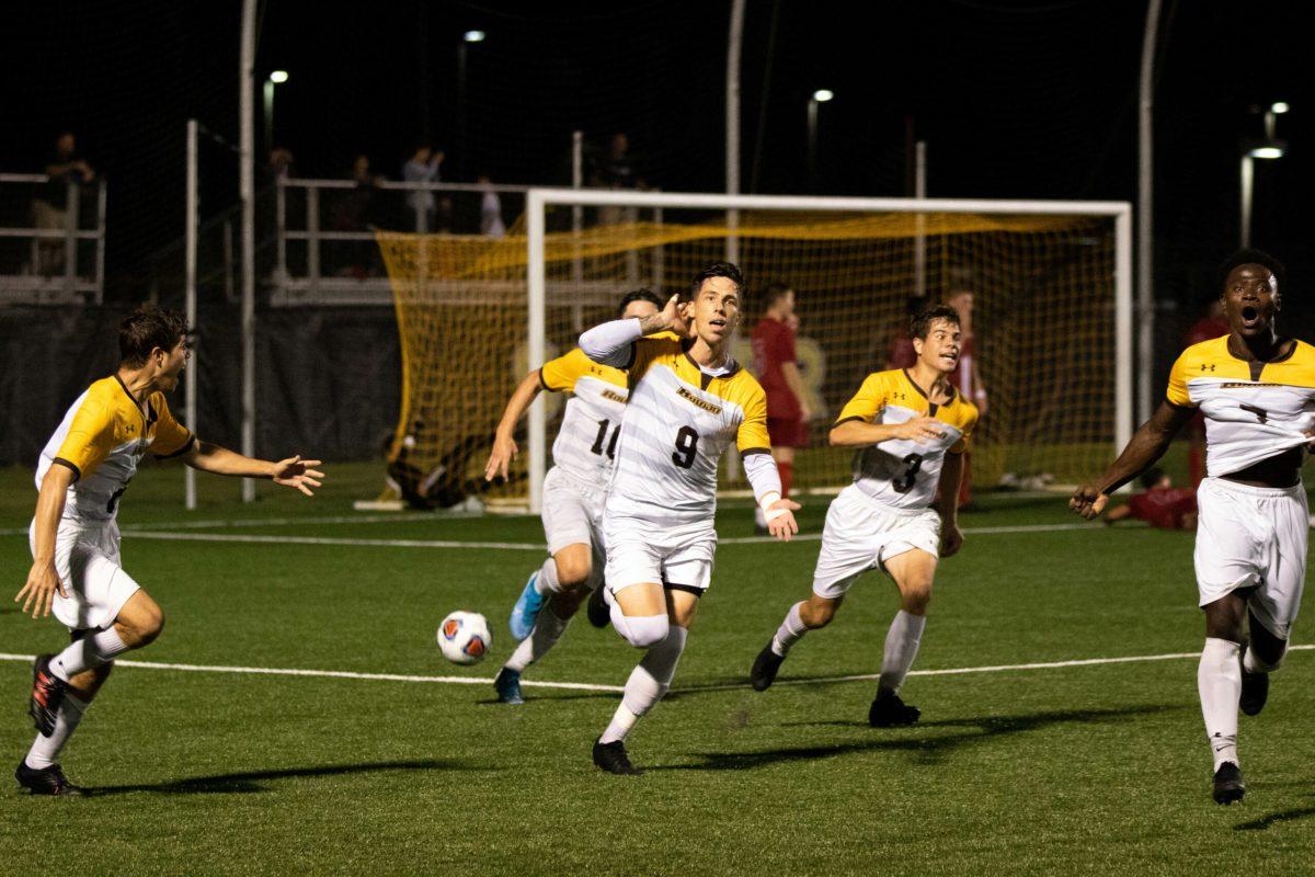 Matt Hendrickson celebrates a goal against Montclair earlier this year. Photo/ Dylan Hickerson.