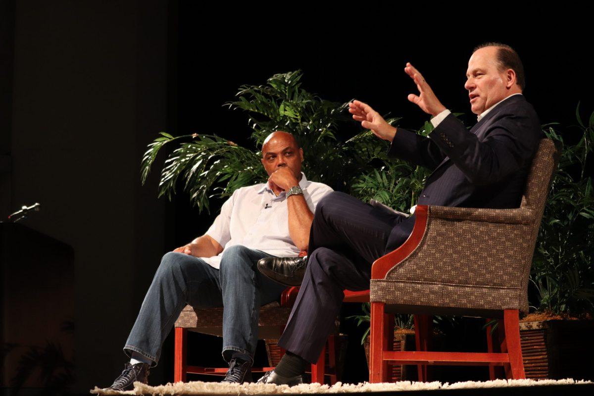 Charles Barkley and Neil Hartman on stand at AN Evening with Charles. Photo / Multimedia Editor Dyone Payne 