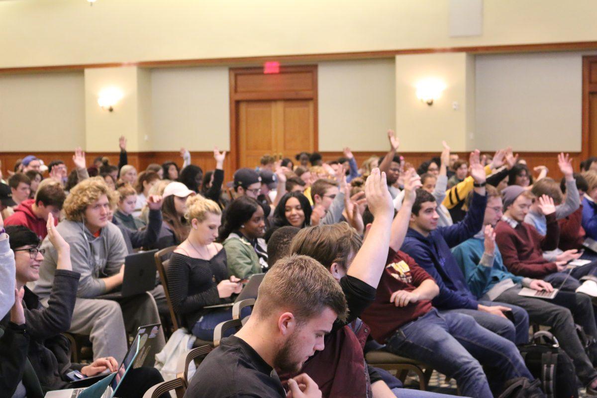 Rowan SGA raising their hands in unison for a vote - News Editor / Alexander Heller