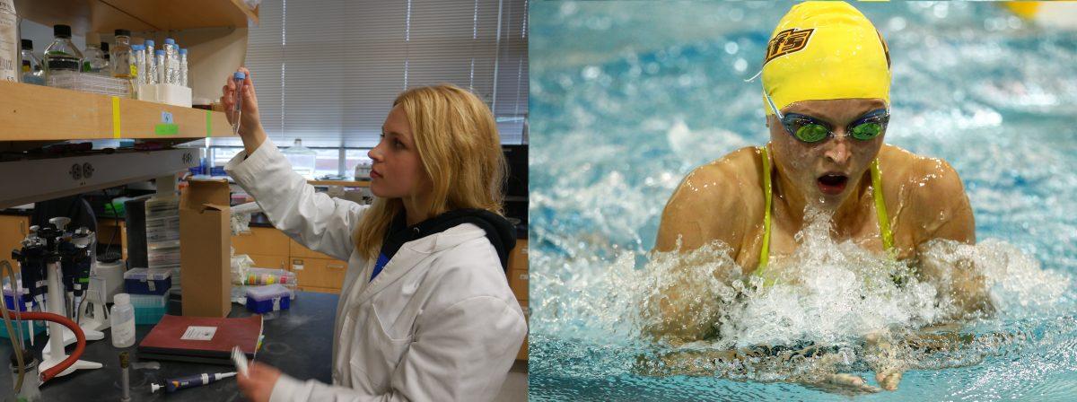 Junior Emily Kopchick stands out both in the biochemistry lab (left) and in the swimming pool (right). She conducts research with biochemistry Department Head Gregory Caputo, and also has top times in the women's breaststroke sprint events. - Editor-in-Chief / Tara Lonsdorf (left) & photo courtesy of Rowan Athletics (right)