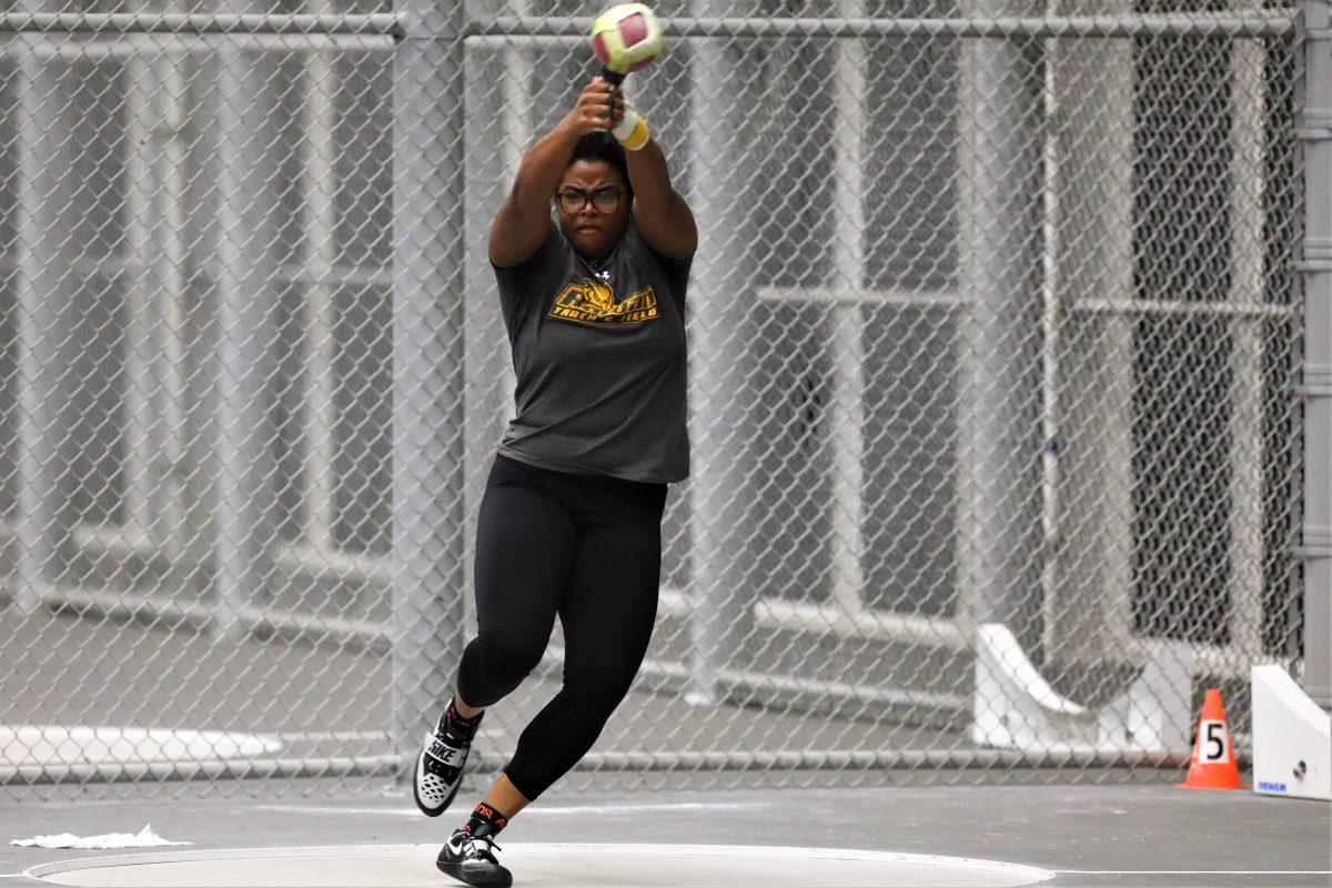 Makayla Taylor throws at the 2020 indoor NJAC Championship. Taylor recorded a personal best at the Stockton Invitational this weekend in the hammer throw. - Photo / Rowan Athletics.