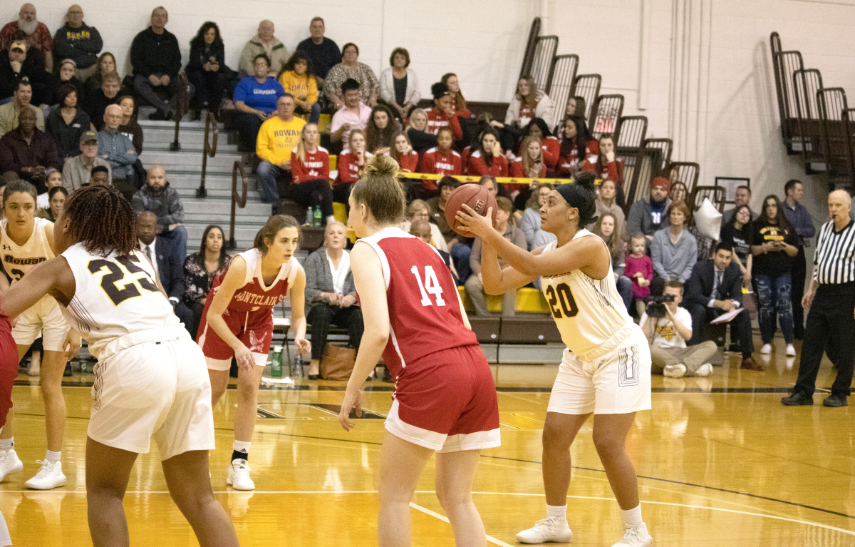 Nicole Mallard (right) stands at the free throw line in a game against Montclair on Feb. 8, 2020. Mallard scored 18 in the season finale against Kean on Feb. 19, 2020. Multimedia Editor / Mike Reina. 