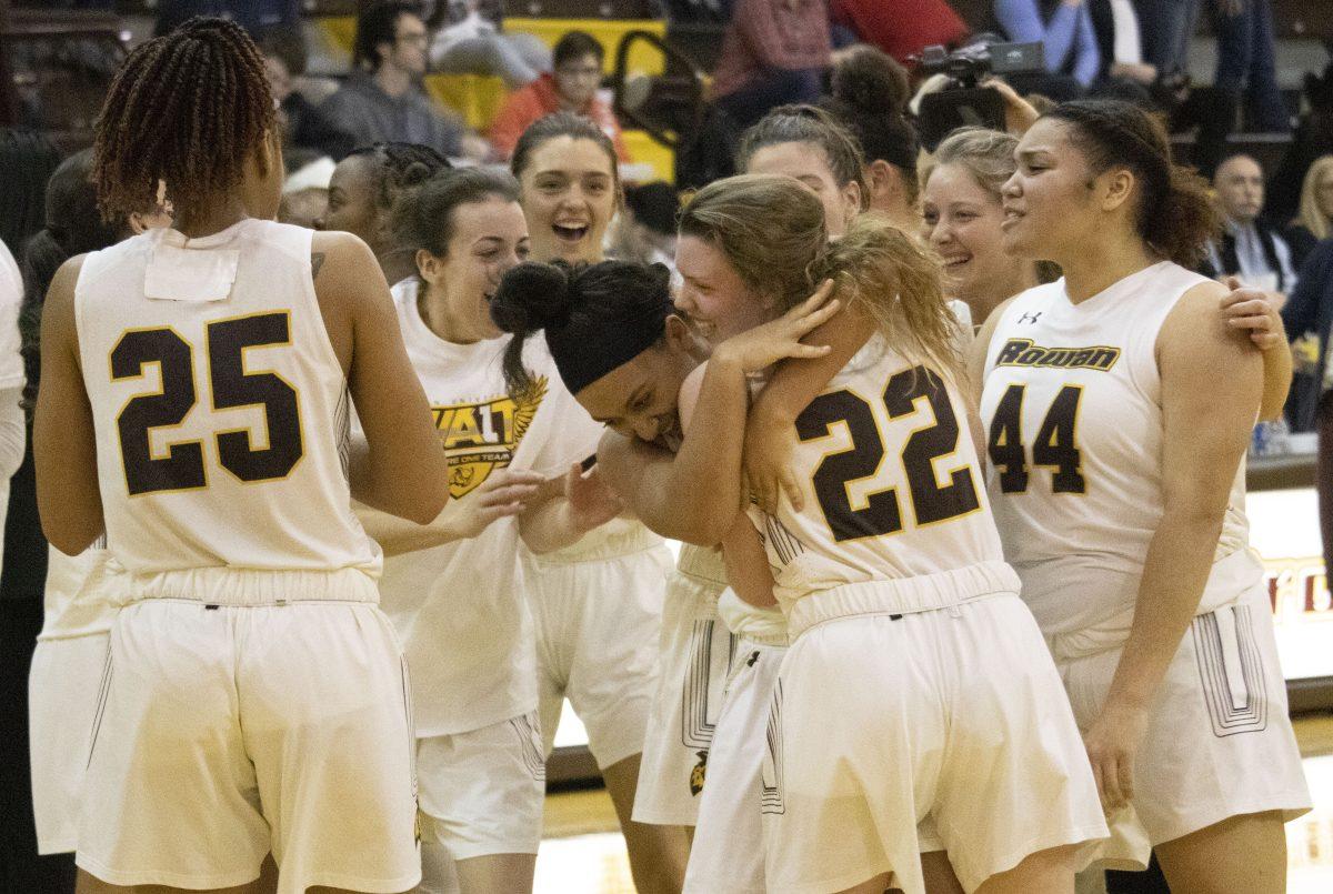 The Profs celebrate following Nicole Mallard's buzzer beater to beat Montclair. The victory gives the Profs sole possession of first place in the NJAC. Saturday, Feb. 8, 2020. Mike Reina/ Multimedia Editor.