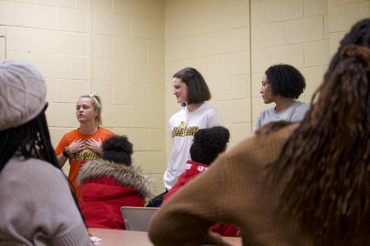 Kristiina Castagnola (left), Megan Jacobi (center) and Darielle Cross (right) speak to a room full of young girls at the Lead Her Forward clinic about the impact that playing sports has had on them. Saturday, Feb. 8, 2020. Vince Scian/ Sports Editor