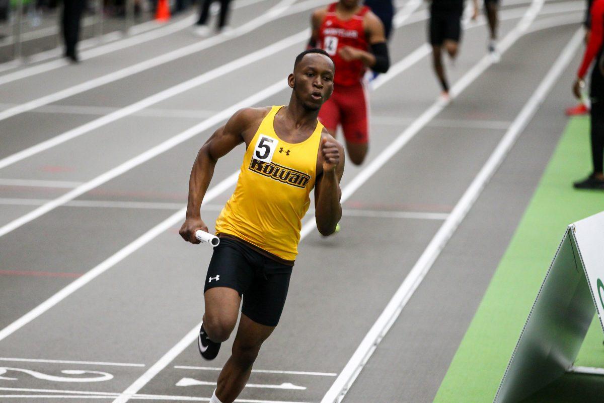 Vincent Delle runs in a relay. He was part of the 4x400 relay with the team's second best time this season running 3:19.94. Photo / Rowan Athletics.