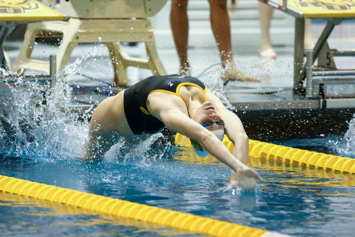 Abigail Brous starts backstroke in an event this season. Brous is the lone women's swimmer to qualify for NCAAs. - Photo / Rowan Athletics