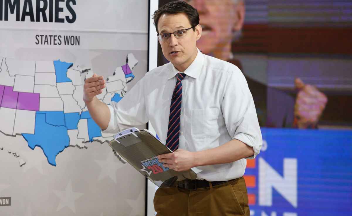 Political journalist, writer, television host and NBC correspondent Steve Kornacki covering the 2020 presidential election in MSNBC's newsroom. - Photo via NBC.