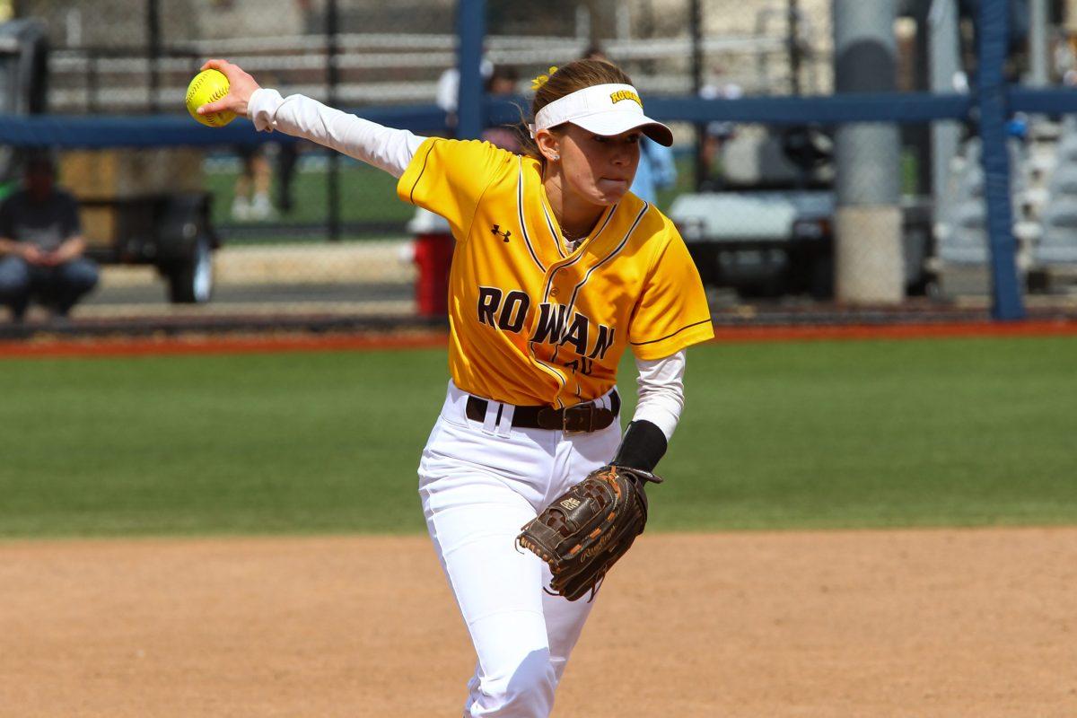 Senior pitcher Emily August during a game. August was the starting pitcher in the second game of the day, pitching four innings and giving up three runs. - Photo / Rowan Athletics 