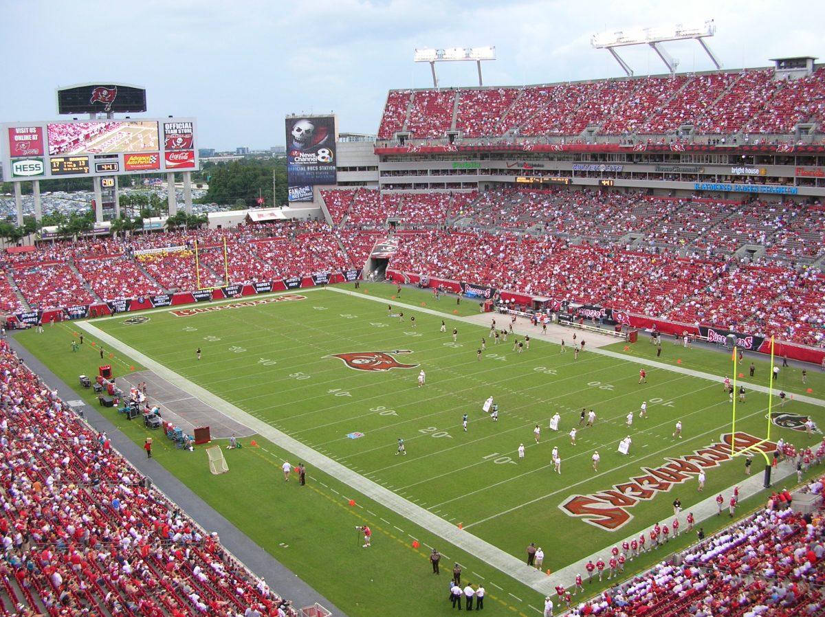 An overhead view of Raymond James Stadium in Tampa Bay, Florida, home to the Tampa Bay Buccaneers. The stadium will host Super Bowl LV this Sunday. - Photo / Wikimedia Commons user Bernard Gagnon