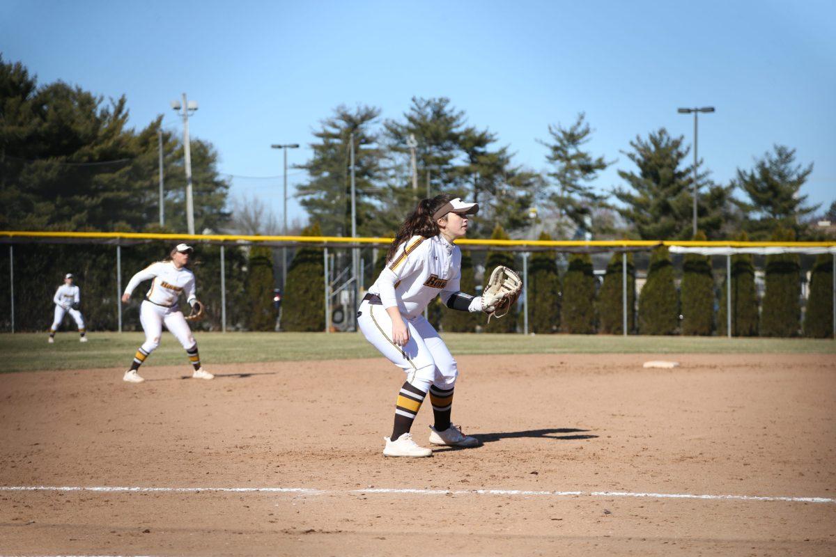 Korie Hague plays third base during a game. On March 13, Hague and the team are set to play their first game since their season was canceled last year. - Photo / Rowan Athletics