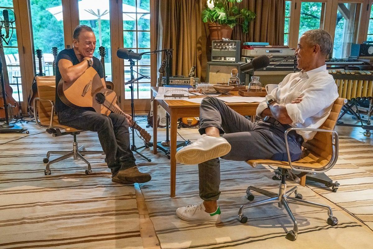 Obama and Springsteen record their "Renegades: Born in the USA" podcast at Springsteen's estate. - Photo by Rob DeMartin via Rollingstone.com