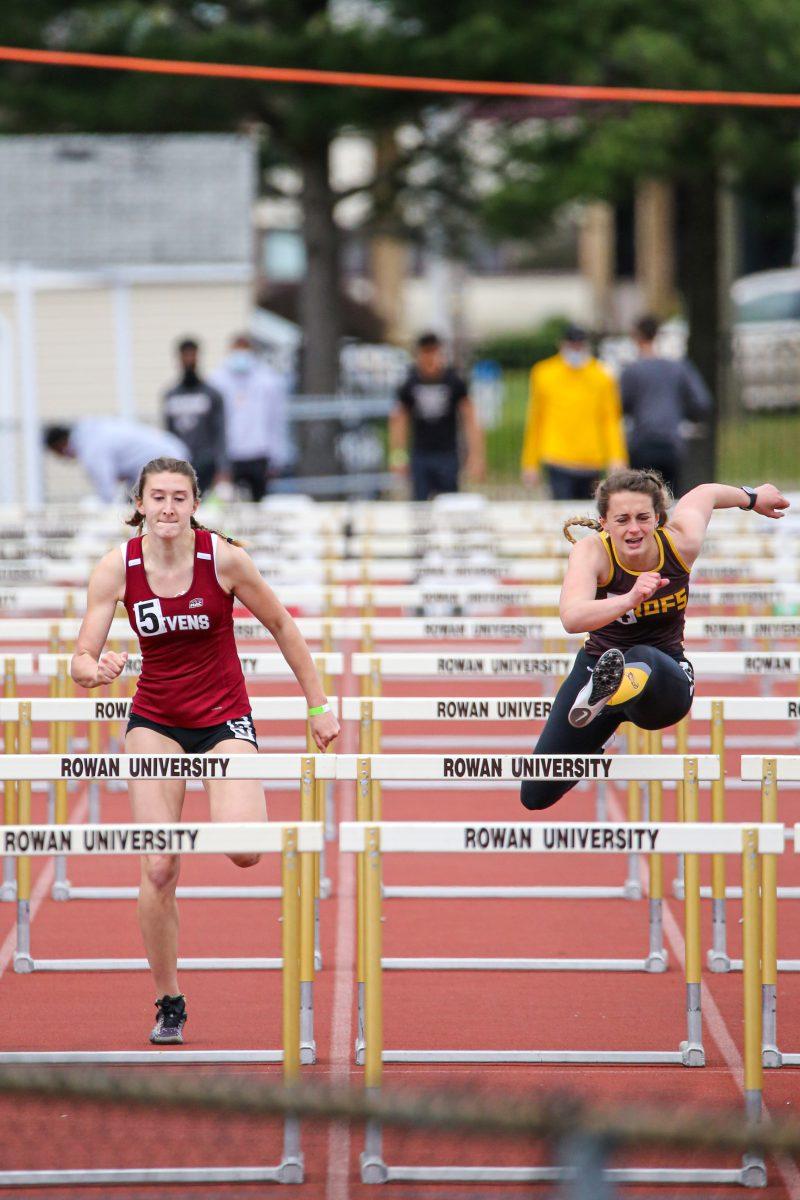 Rowan women's track & field's Nicole Notarianni during a hurdles race at the Bill Fritz Invitational. Notarianni took home first in the 100m hurdles at this meet. - Staff Photographer / Vincent Rebbechi