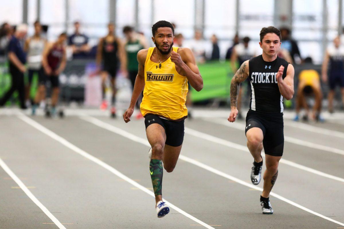 Freshman sprinter Jah'mere Beasley during an indoor meet in the 2019-2020 season. Beasley finished first in the 100m and 200m races this weekend at the Oscar Moore Invitational, earning him NJAC Track Athlete of the Week. - Photo / Rowan Athletics