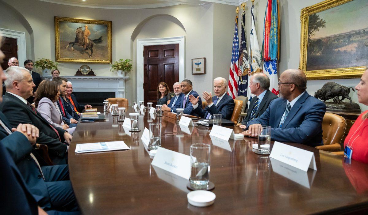 President Joe Biden and Vice President Kamala Harris meet with business and labor leaders on Thursday, July 22, 2021 in the Roosevelt Room of the White House. - Official White House Photo by Adam Schultz