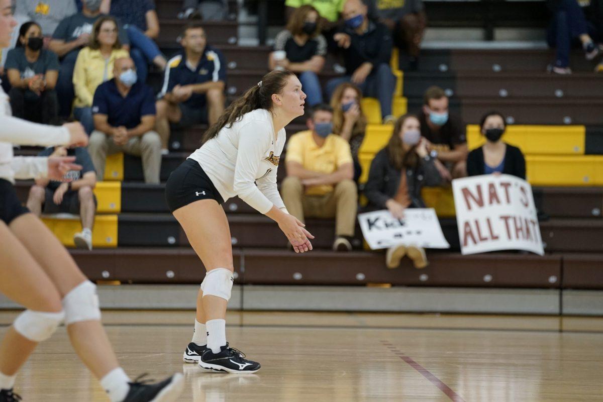 Rowan's Natalie Ogden during the game against Neumann. Ogden would end the night with 14 kills and seven digs. Tuesday, Sept. 28, 2021. - Staff Photographer / Ashley Craven 