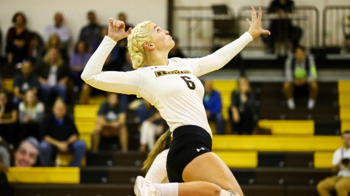 Rowan's Cassidy Abdalla going up to hit the ball. In the game against Stockton on Thursday night, Abdalla had 12 kills. - Photo / Rowan Athletics
