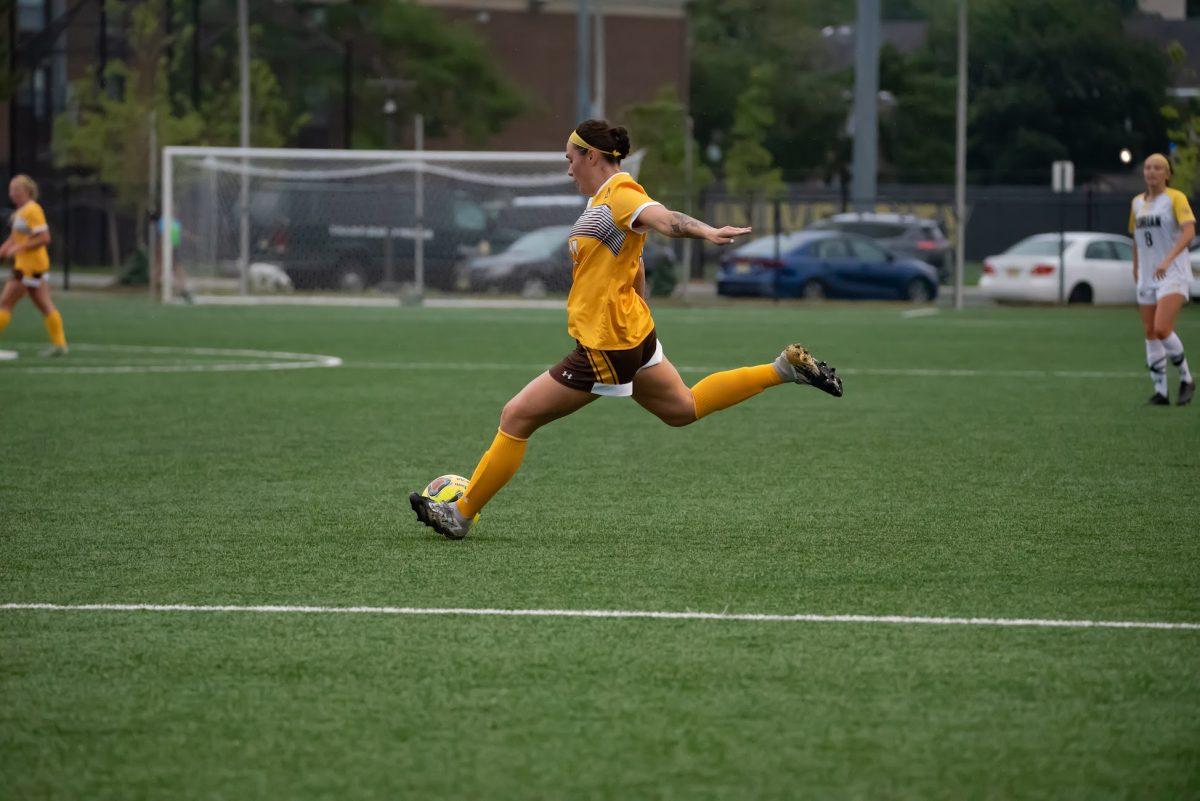 Rowan's Natalie Pantalone going to kick the ball during the against Adrian earlier this season. During the team's three game win streak, Pantalone had two goals. Sunday, Sept. 5, 2021. - Multimedia Editor / Nick Feldman