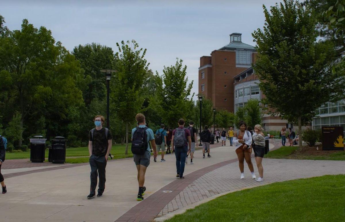 Students walk along Rowan University's campus during the first day of in-person class. - Multimedia Editor /  Nick Feldman