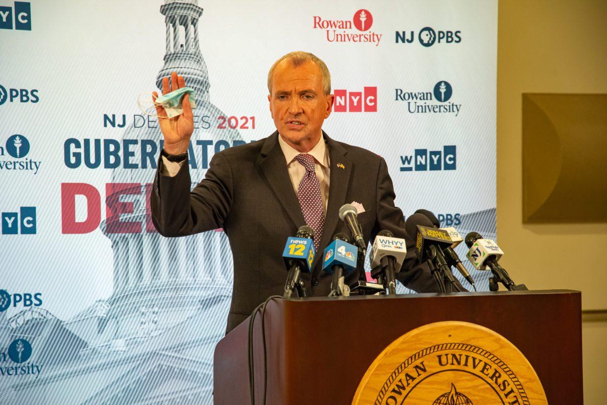 Phil Murphy speaks to reporters following the second New Jersey Gubernatorial Debate at Rowan University on October 12, 2021.