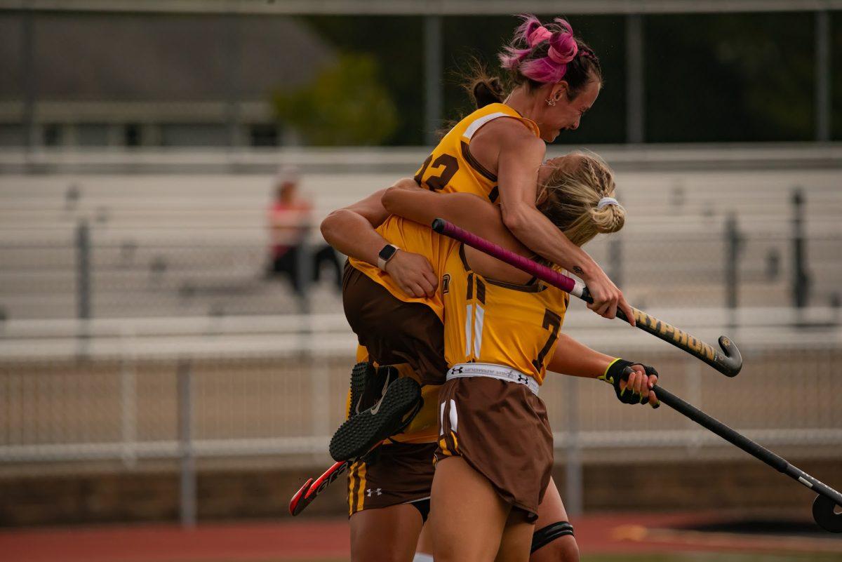 Rowan's Krystyna Hovell celebrating with teammates Kristiina Castagnola and Alyssa Magliaro during their game Kean last Saturday. Rowan would win that game 1-0. Saturday, Oct. 9, 2021. - Multimedia Editor / Nick Feldman