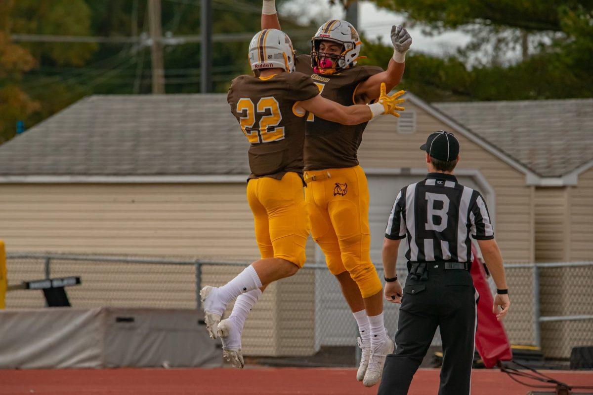 Rowan's John Maldonado and Terry Carlstrom celebrating after a touchdown on Saturday. Malddoado would have six receptions for 153 yards and one TD in Rowan's 25-10 win over William Paterson. Saturday, Oct. 23, 2021. - Multimedia Editor / Nick Feldman