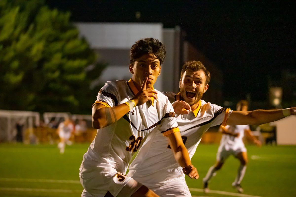 Rowan's Matias Carrion and Chad Yates celebrating after a goal during a game earlier this season. Yates would score both goals in Rowan's win on Wednesday night over Stockton. Wednesday, September 29, 2021. - Multimedia Editor / Nick Feldman