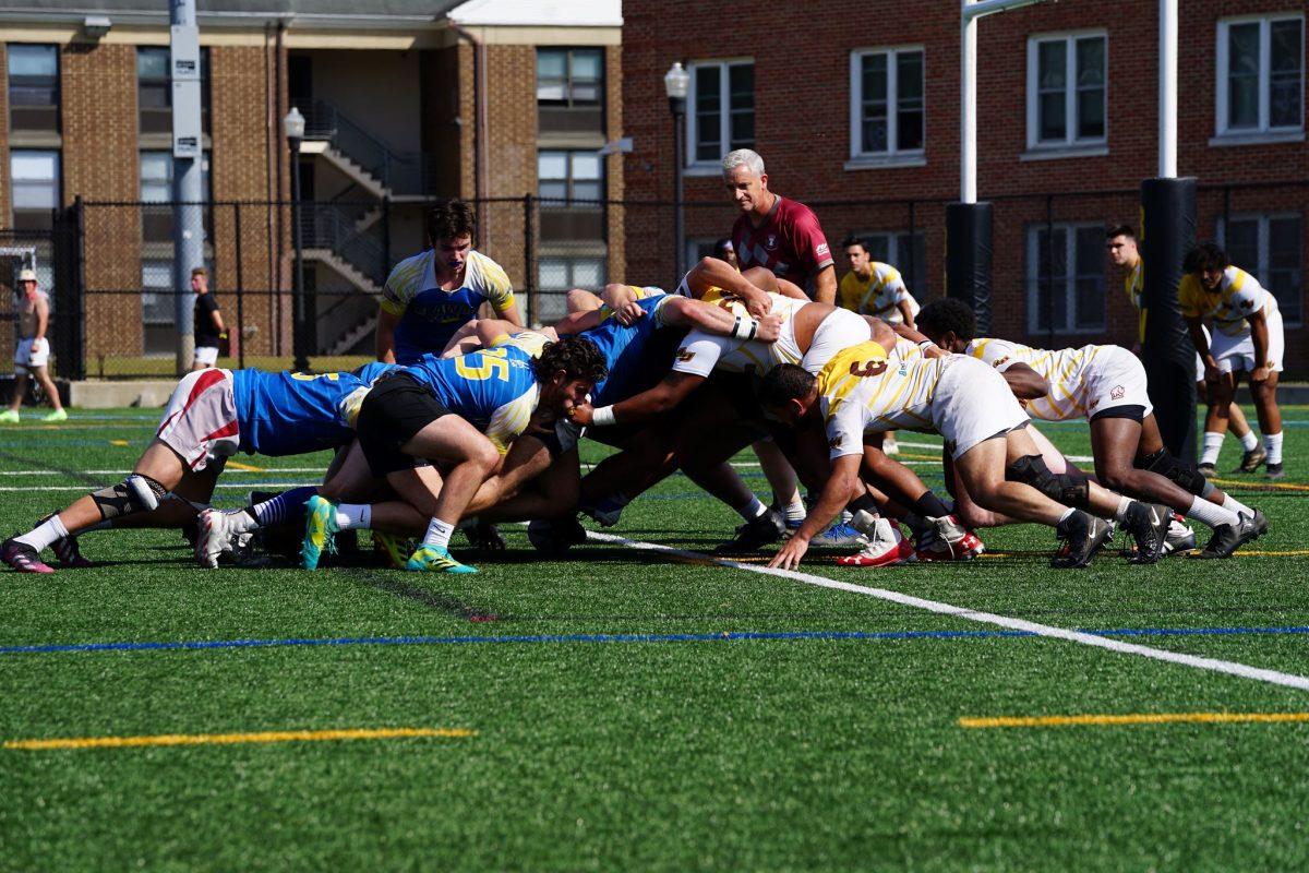 Rowan and Delaware in a scrum. Rowan would defeat Delaware 41-17. Saturday, Oct. 1, 2021  - Staff Photographer / Ashley Craven
