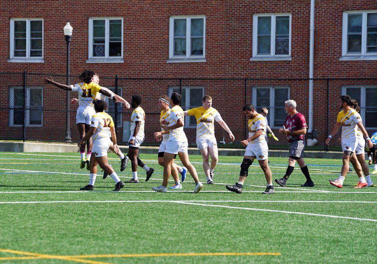 Rowan Rugby celebrating during a game earlier this season. The Profs held off St. Joe's this week in their 21-17 win. Saturday, Oct. 1, 2021 - Staff Photographer / Ashley Craven