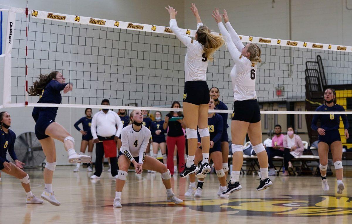 Rowan's Brianna Newson and Cassidy Abdalla going up for a block earlier this season. Newson would have 11 kills and one block in their game against NJCU.
Tuesday, Sept. 28, 2021. - Staff Photographer / Ashley Craven