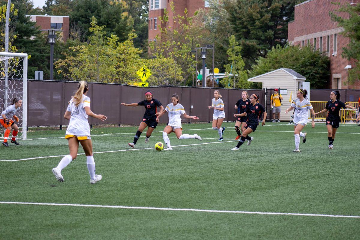 Rowan's Jessica Logan going for a shot on goal during the game against William Paterson last Saturday. The shot would be good for her first goal of the season and the win for Rowan. Saturday, Oct. 9, 2021 - Staff Photographer / Lee Kotzen