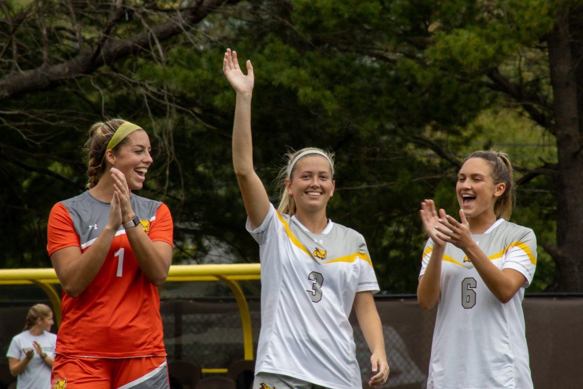 Rowan's Bristol Pizzuto, Aidan Sheehan, and Bethany Sansone before a game earlier this month. Pizzuto and Sheehan were honored on Saturday's Senior Day before their 1-0 win over Kean. Saturday, Oct. 9, 2021 - Staff Photographer / Lee Kotzen