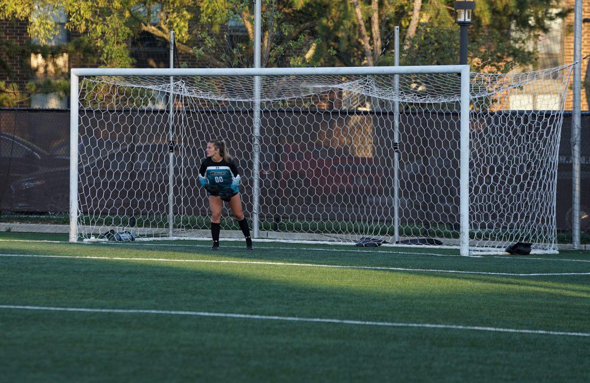 Rowan's Calista Burke in goal. Burke would have four saves in the team's shutout victory over Maine-Fort Kent. Monday, Oct. 18, 2021. - Staff Photographer / Ashley Craven
