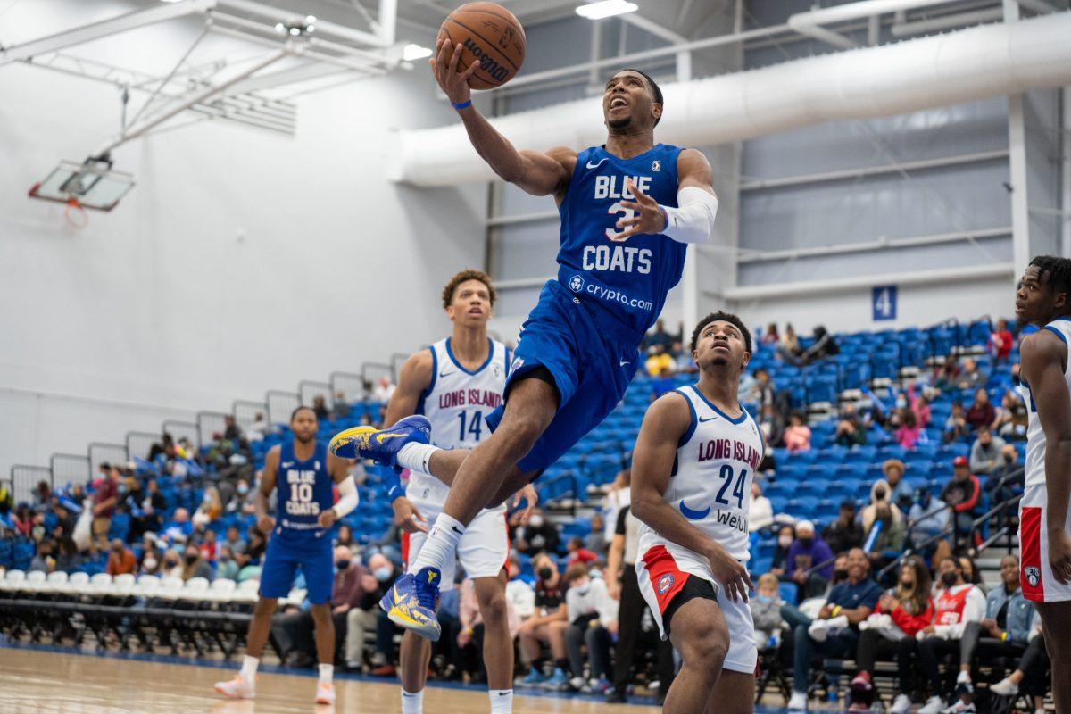 Blue Coat's Shaq Harrison going up for a layup. Harrison would score 29 points in the team's 114-100 victory over the Long Island Nets. Saturday, Nov. 6, 2021. - Staff Photographer / Joey Nicolo