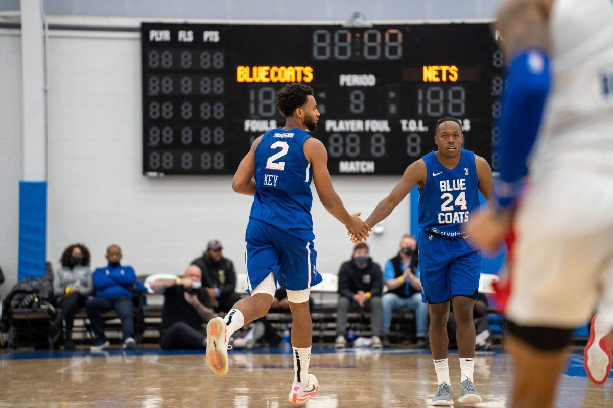 Blue Coat's Jared Brownridge and Braxton Key getting back on defense. The team's defense has been a strong point for them, as they lead the league in steals. Saturday, Nov. 6, 2021. - Staff Photographer / Joey Nicolo