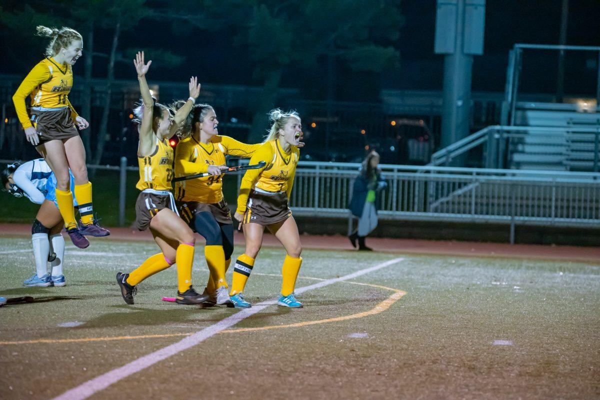 Rowan's Kristiina Castagnola and her teammates celebrating after her game winning  goal in the NJAC Championship game. Castagnola's goal in overtime was the only goal of the night from either team as Rowan would win 1-0. Saturday, Nov. 6, 2021. - Multimedia Editor / Nick Feldman