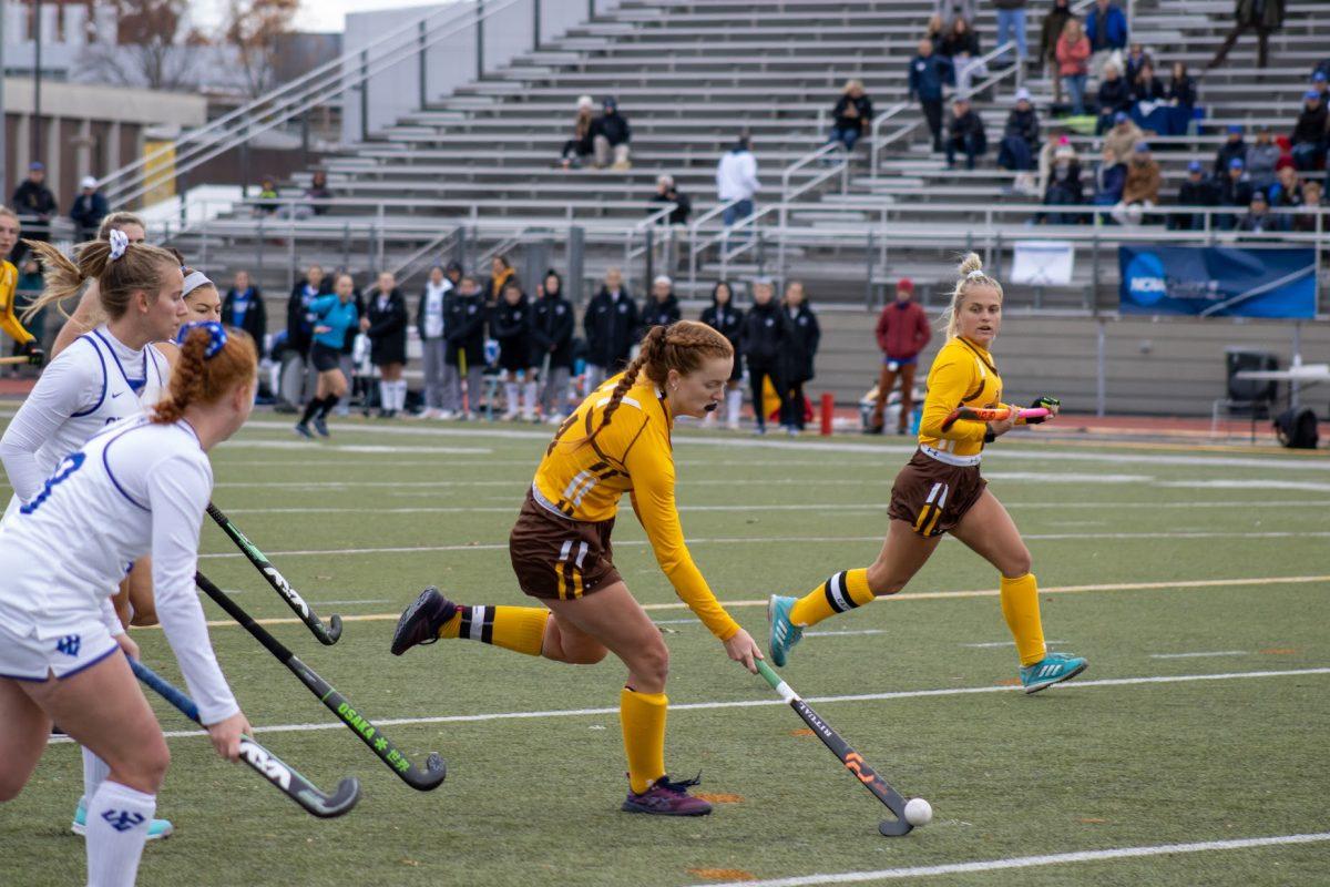 Rowan's Bridget Guinan taking the ball up field during the NCAA Division III third round matchup. Guinan would have one of the three goals on Sunday that would take Rowan to the NCAA Division III Final Four. Sunday, Nov. 14, 2021. - Staff Photographer / Lee Kotzen