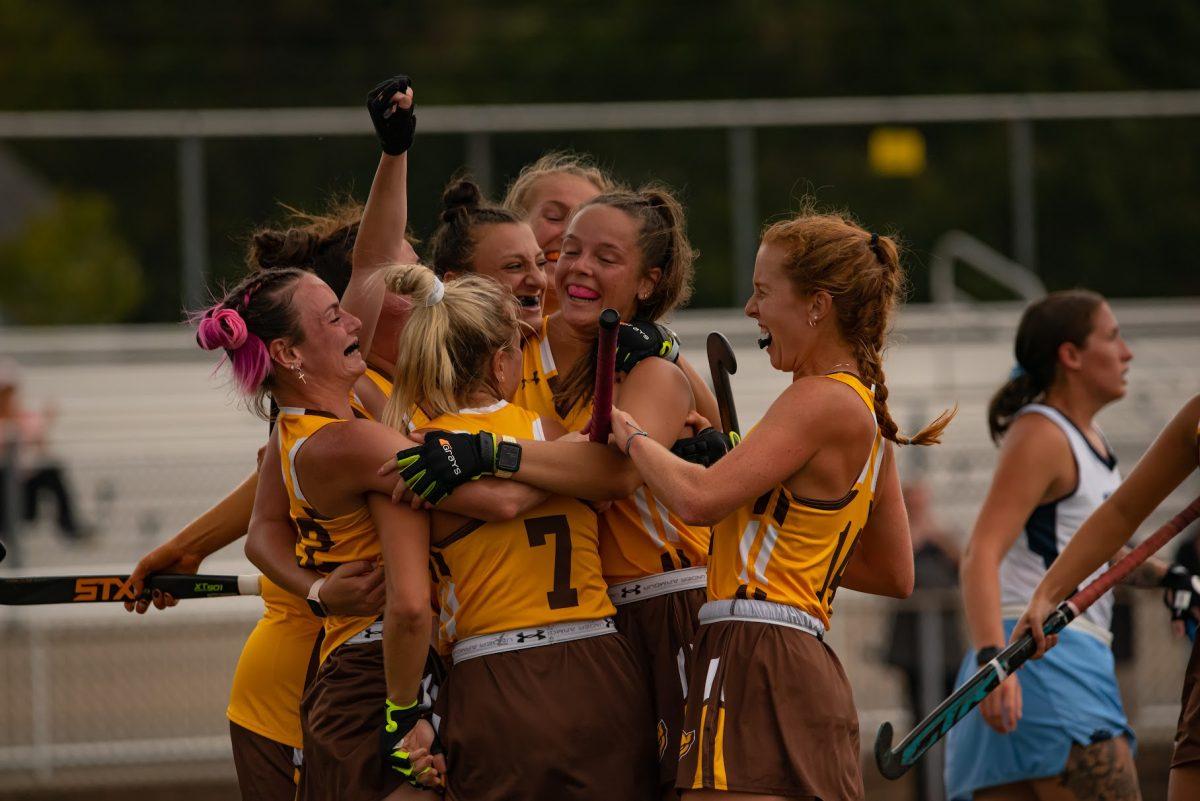 Rowan Field Hockey team celebrating during a game earlier this season. This Wednesday, Rowan would win their NJAC semifinals game 3-1. Saturday, Oct. 9, 2021. - Multimedia Editor / Nick Feldman