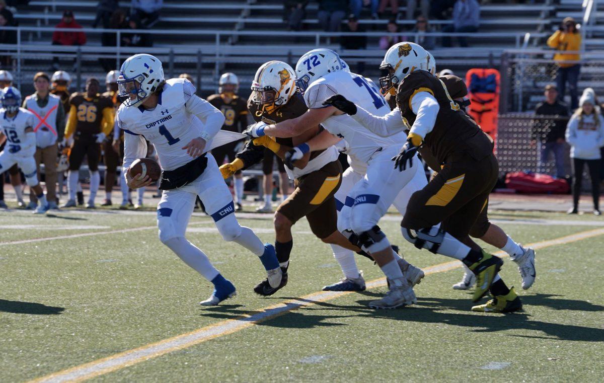 Rowan's defense trying to take down Christopher Newport's quarterback. Rowan would drop this game on Saturday 35-32 to Christopher Newport. Saturday, Nov. 6, 2021. - Staff Photographer / Ashley Craven