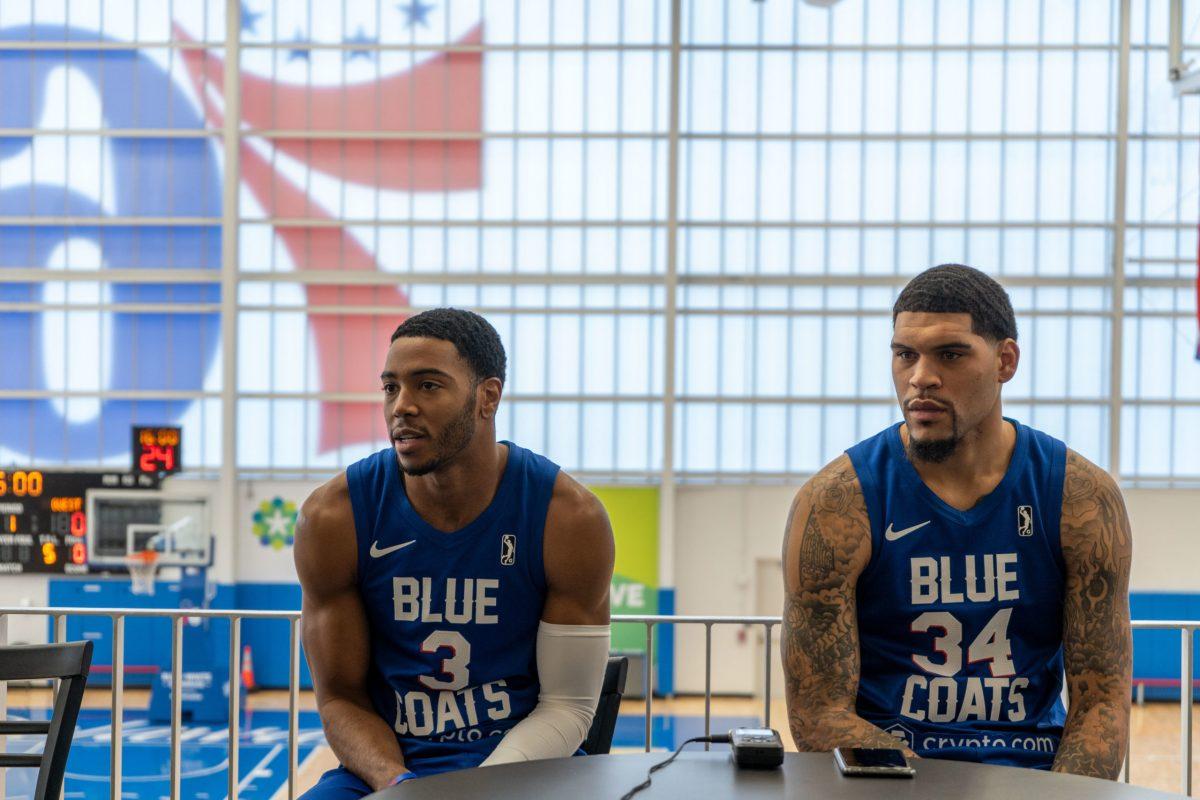 Delaware Blue Coats Shaq Harrison (left) and Jarron Cumberland (right) during Media Day. Harrison is one of the veterans on this Blue Coats team. Thursday, Nov. 4, 2021 - Staff Photographer / Joey Nicolo