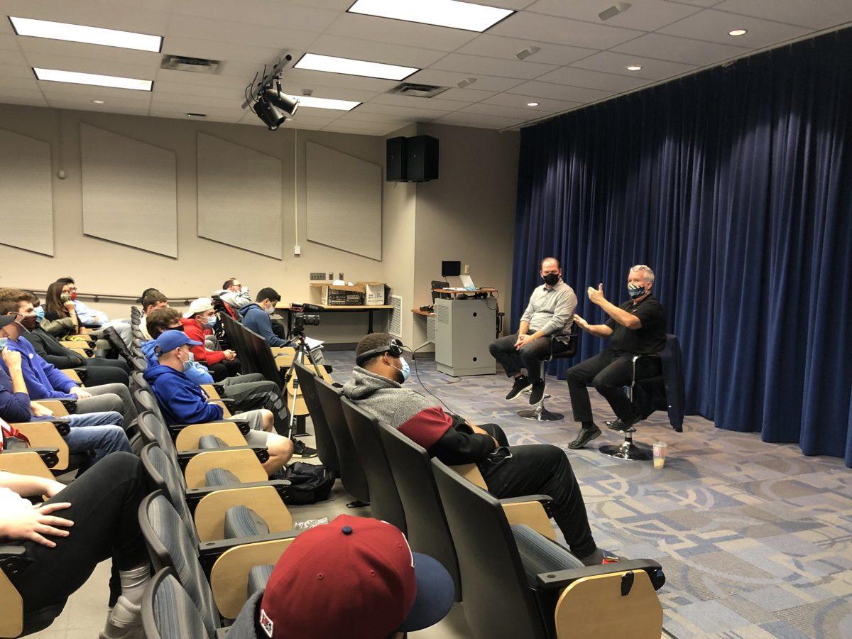 Radio host John Kincade discussed confidence building and key insights during Pizza With The Pros on Monday, Nov. 1 - Photo via @RowanSportsCAM on Twitter.com