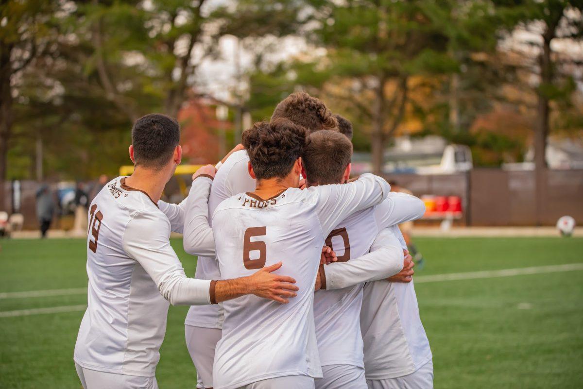 Rowan's men soccer team embracing during the first round game of the NCAA tournment. Rowan would lose on Sunday in the second round of the tournament. Saturday, Nov. 13, 2021. - Multimedia Editor / Nick Feldman