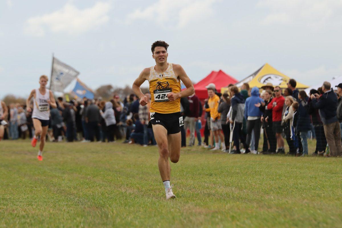 Rowan's Kevin Lauer crossing the finish line at the NCAA Division III Metro Regional Meet. Lauer competed in his final meet of this season last Saturday at the NCAA Division III Championships where he finished 172nd. Saturday, Nov. 13, 2021. - Staff Photographer / Lee Kotzen