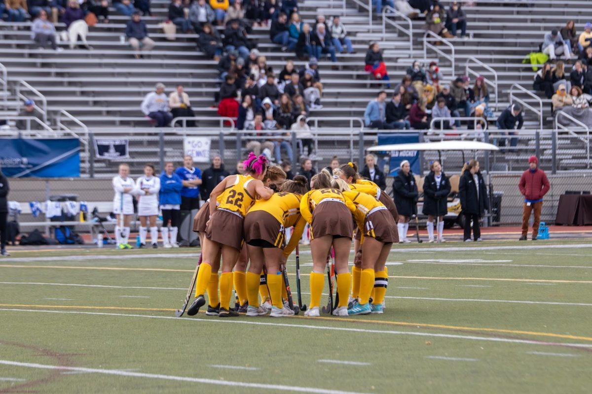 Rowan's field hockey team in a huddle during one of their home NCAA tournament games. Rowan would be knocked out of the tournament last Saturday in the Final Four. Sunday, Nov. 14, 2021. - Staff Photographer / Lee Kotzen