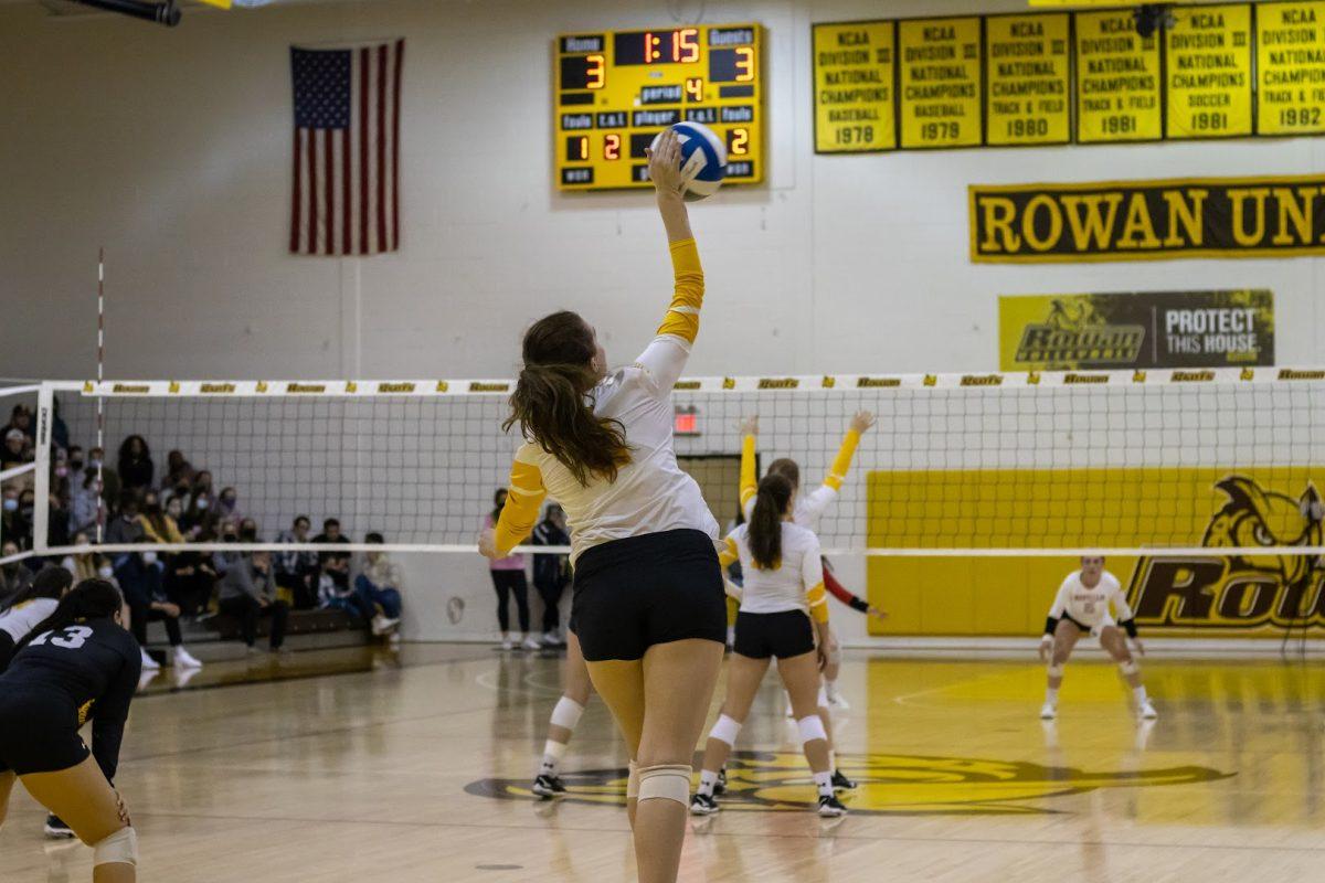 Rowan's Brooke Adam serving in the NJAC Championship match. Rowan's season would come to an end this past weekend in the NCAA Tournament. Saturday, Nov. 6, 2021. - Staff Photographer / Lee Kotzen