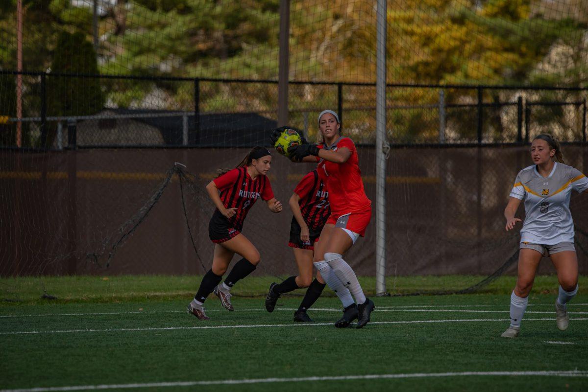 Rowan's Bristol Pizzuto clearing out the ball in the NJAC First Round matchup. In Rowan's win in the Semifinals game on Tuesday, Pizzuto would have nine saves. October 30, 2021. - Multimedia Editor / Nick Feldman