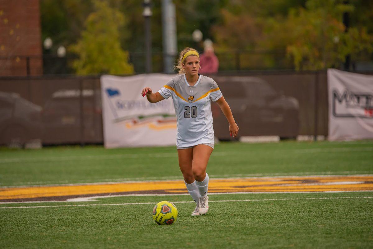 Rowan's Emma DeMaise going to kick the ball during a game earlier during the playoffs. In Rowan's Championship loss on Friday night, DeMaise was a part of the defense that didn't allow TCNJ to score one goal. October 30, 2021. - Multimedia Editor / Nick Feldman