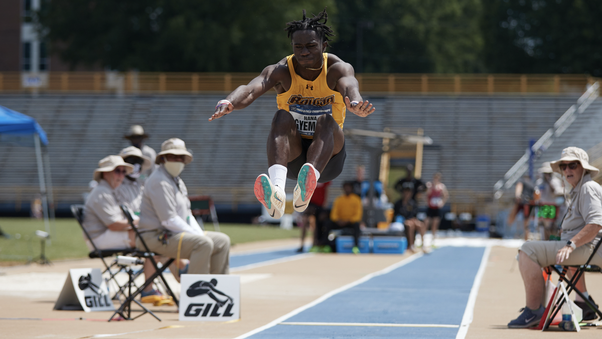 Rowan's Nana Agyemang competing in the long jump. Agyemang placed first at the Fastrack Season Opener last week. - Photo / Rowan Athletics